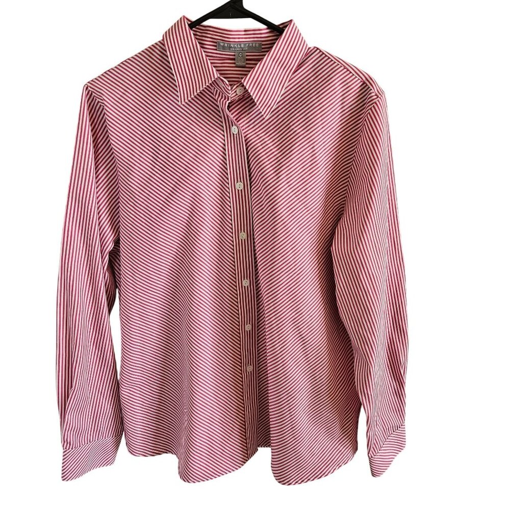 Foxcroft Wrinkle Free Woman Size 14 Shaped Fit Striped Button Up Collared Shirt